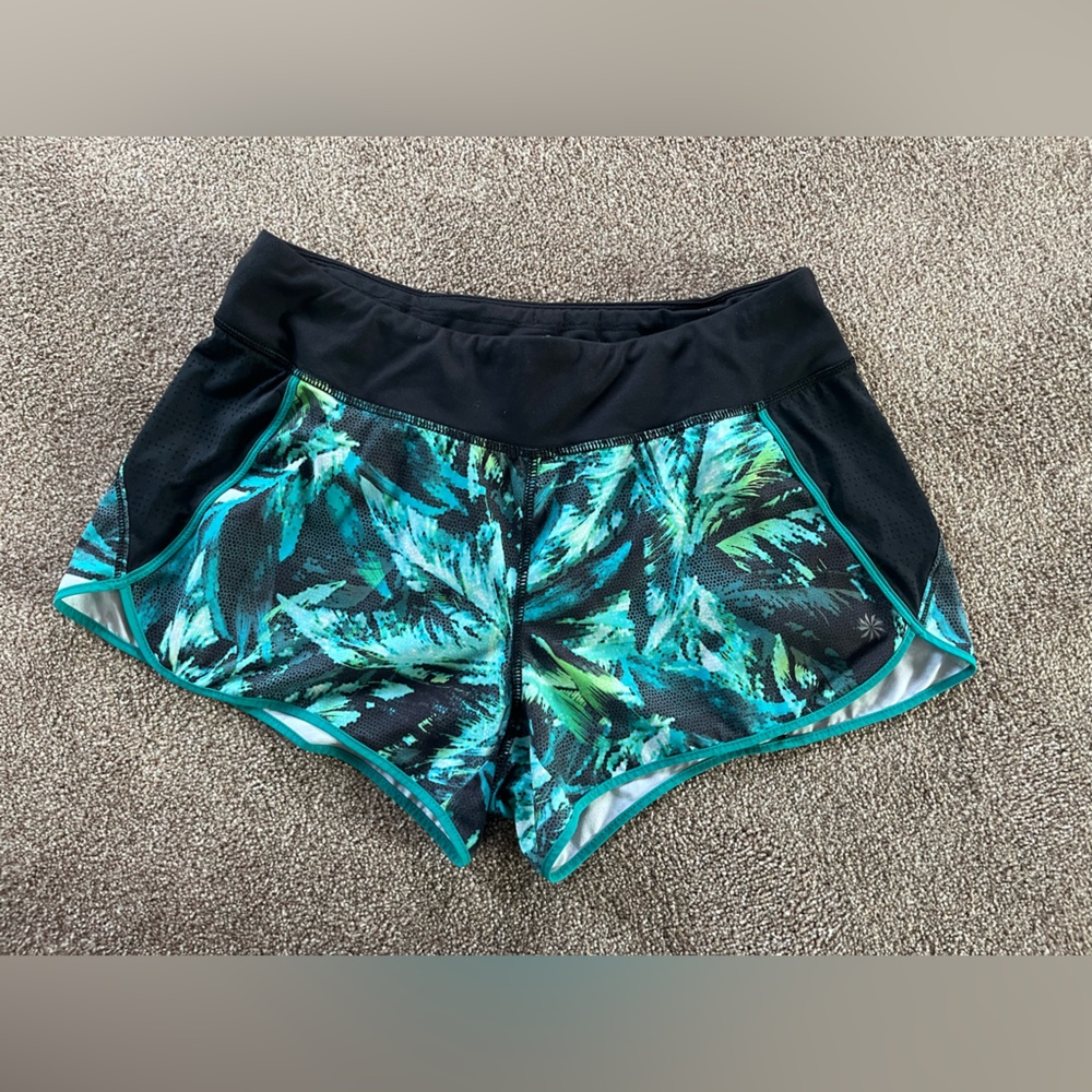 Athleta Track this Run Black and Teal Shorts